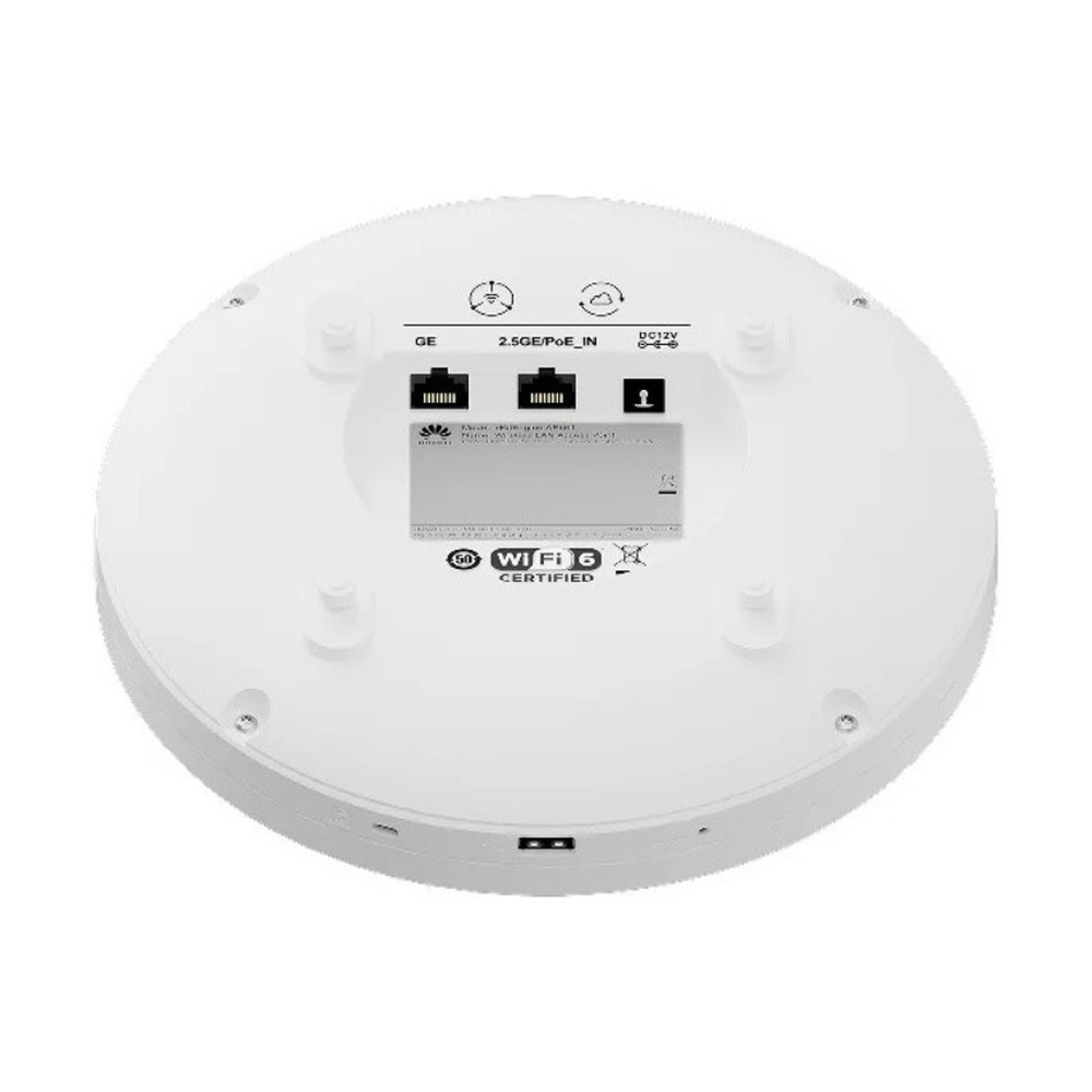 Vista trasera del access point Huawei AP661 modelo 02355VFC mostrando puertos 2.5GE y PoE para interiores con WiFi 6 tri banda