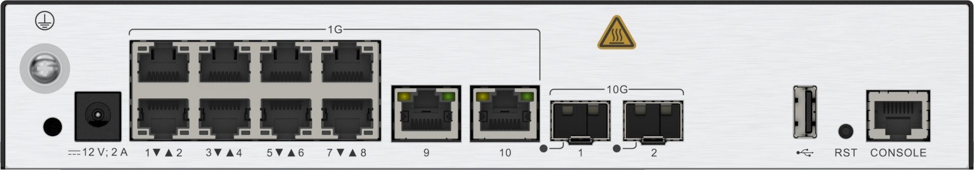 Vista trasera del access point Huawei Networking modelo 02355NCG mostrando 10 puertos GE y 2 puertos 10GE SFP+