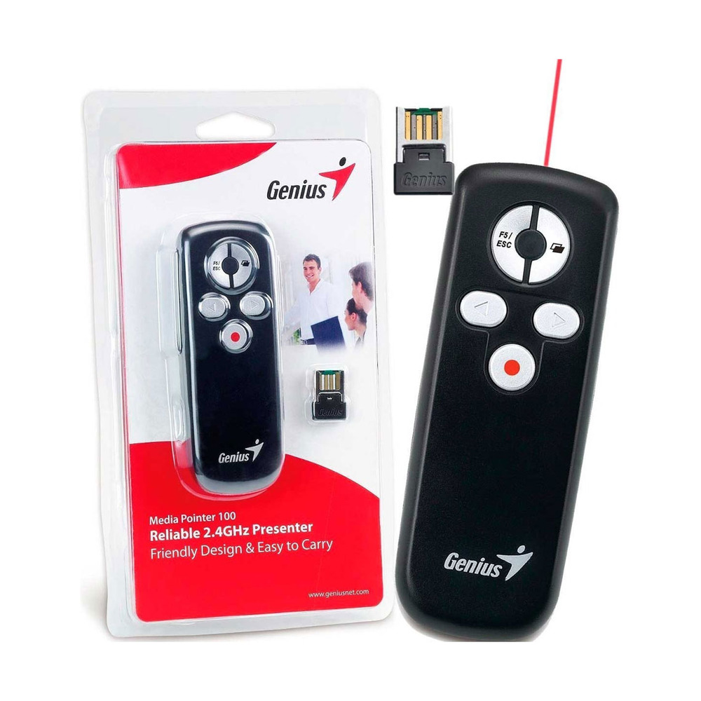Apuntador laser Genius modelo 31090015100 con USB media pointer 100 y control remoto con boton laser rojo