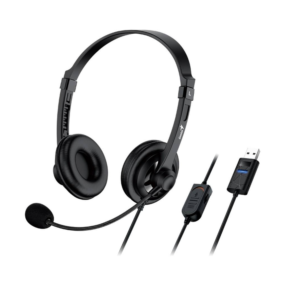 Audífonos de diadema alámbricos Genius HS-230U con conexión USB, micrófono y control de volumen en el cable