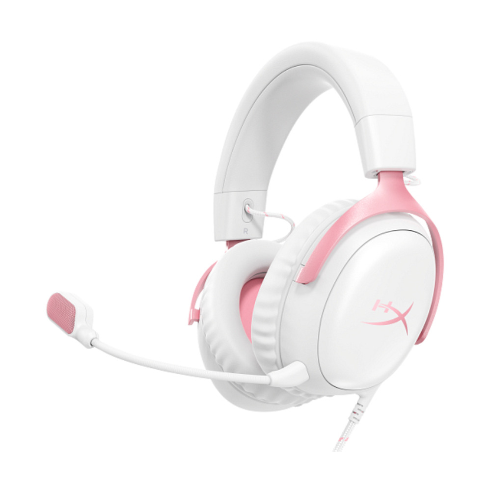 Audífonos gamer HyperX Cloud III modelo 9W1Q4AA en color blanco con detalles rosados y micrófono flexible para juegos