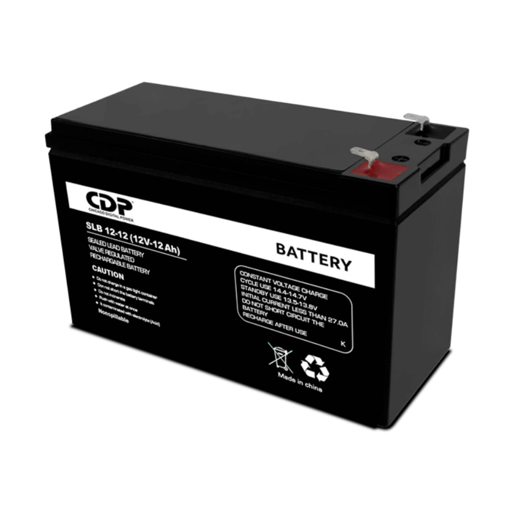 Batería de plomo ácido seca sellada CDP modelo SLB12-7 de 12V y 7Ah vista frontal para uso en sistemas eléctricos en Colombia