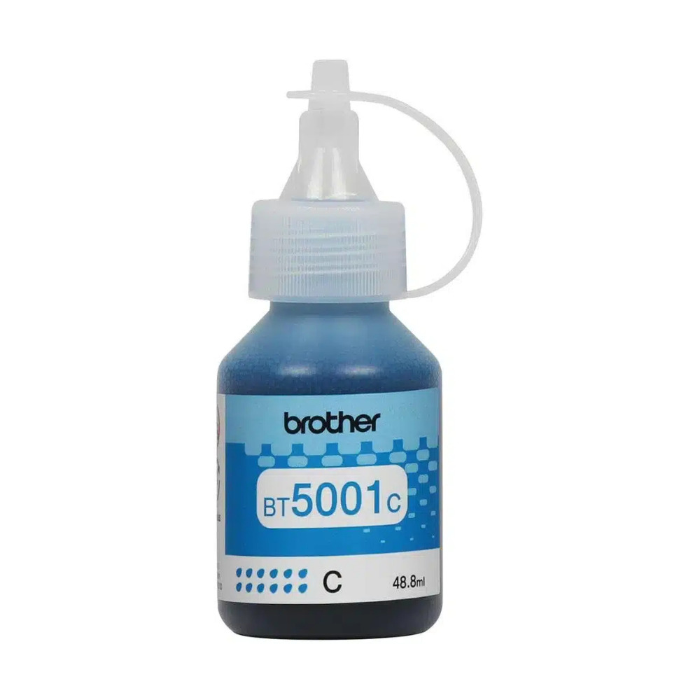 Botella de tinta cian Brother BT5001C de 48.8 ml con diseño compacto para recarga de impresoras Brother