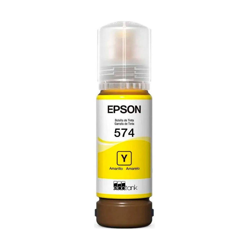 Botella de tinta amarilla Epson T574420 AL modelo C13T09A42A para impresora Ecotank L8050 en fondo blanco
