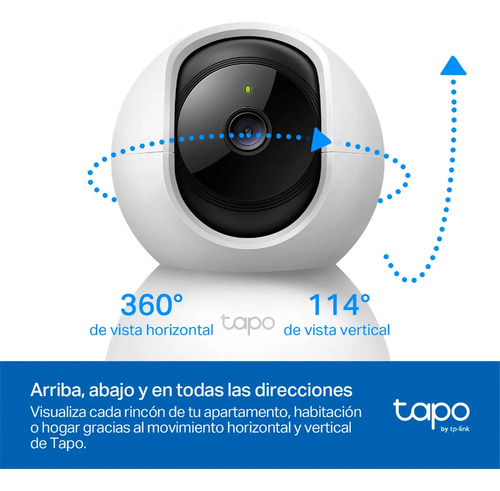 Detalle frontal de cámara TP-Link Tapo TC71 mostrando su capacidad de rotación 360 grados horizontal y 114 grados vertical para vigilancia interior