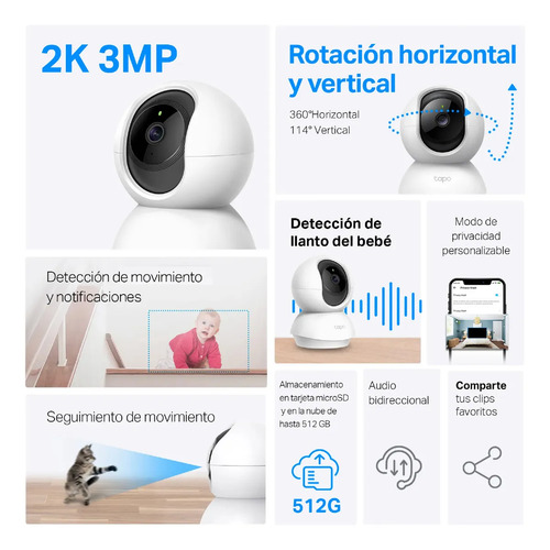 Funciones de cámara TP-Link Tapo TC71 con rotación horizontal 360 grados y vertical 114 grados, detección de movimiento y almacenamiento microSD