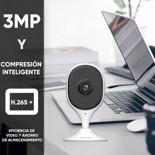 Cámara IP Dahua DH-C3A con resolución 3MP y compresión inteligente H.265+ para ahorro de almacenamiento.