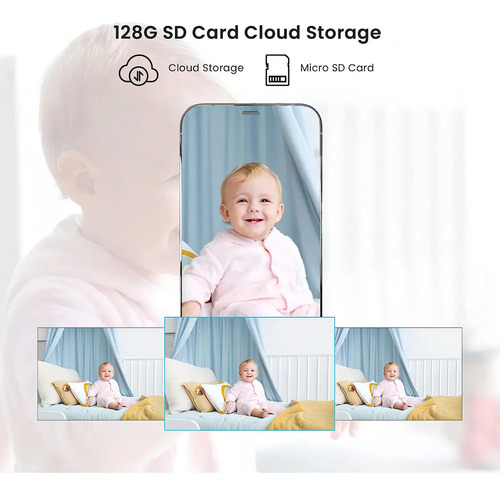 Cámara Tenda CP3 con opción de almacenamiento en tarjeta micro SD de 128GB o en la nube para guardar videos de seguridad.
