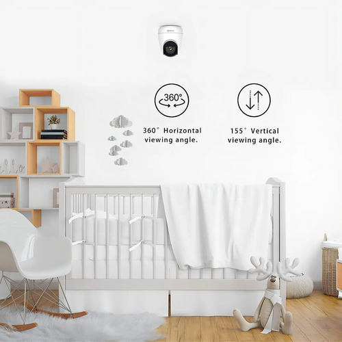Cámara Tenda CP3 instalada en pared con ángulo de visión horizontal de 360 grados y vertical de 155 grados para vigilancia completa.