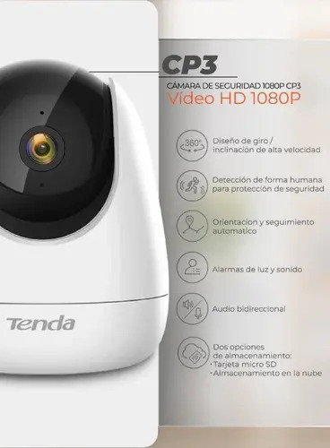 Cámara Tenda CP3 con video HD 1080p, detección de forma humana, alarmas de luz y sonido, y almacenamiento en micro SD o nube.