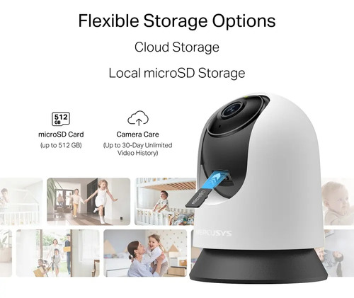 Opciones de almacenamiento flexible en cámara Mercusys MC210 con microSD hasta 512GB y almacenamiento en la nube