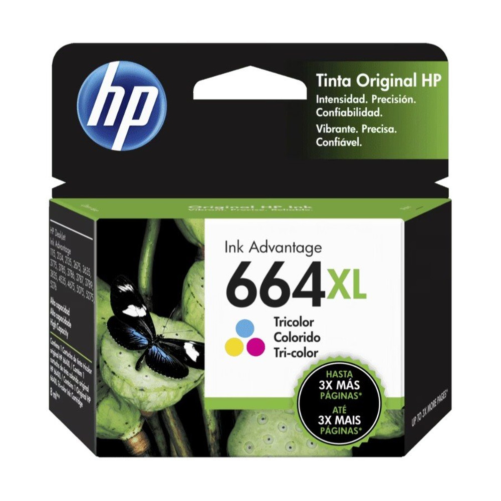 Empaque del cartucho de tinta HP 664XL Tricolor modelo F6V30AL con alta capacidad para impresión en color original HP
