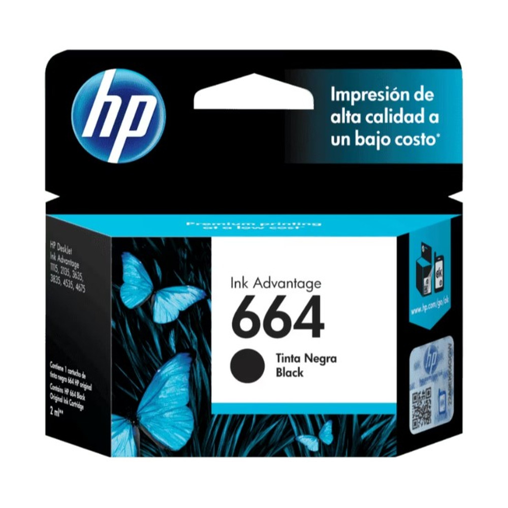 Cartucho HP 664 Negro modelo F6V29AL para impresoras Deskjet Ink Advantage con tinta negra y capacidad de 2 ml en su empaque frontal
