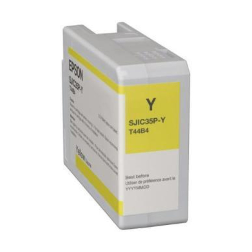 Cartucho de tinta amarilla EpsonPosColorWorks modelo C13T44B420 para impresoras C6000 y C6500 en ángulo frontal