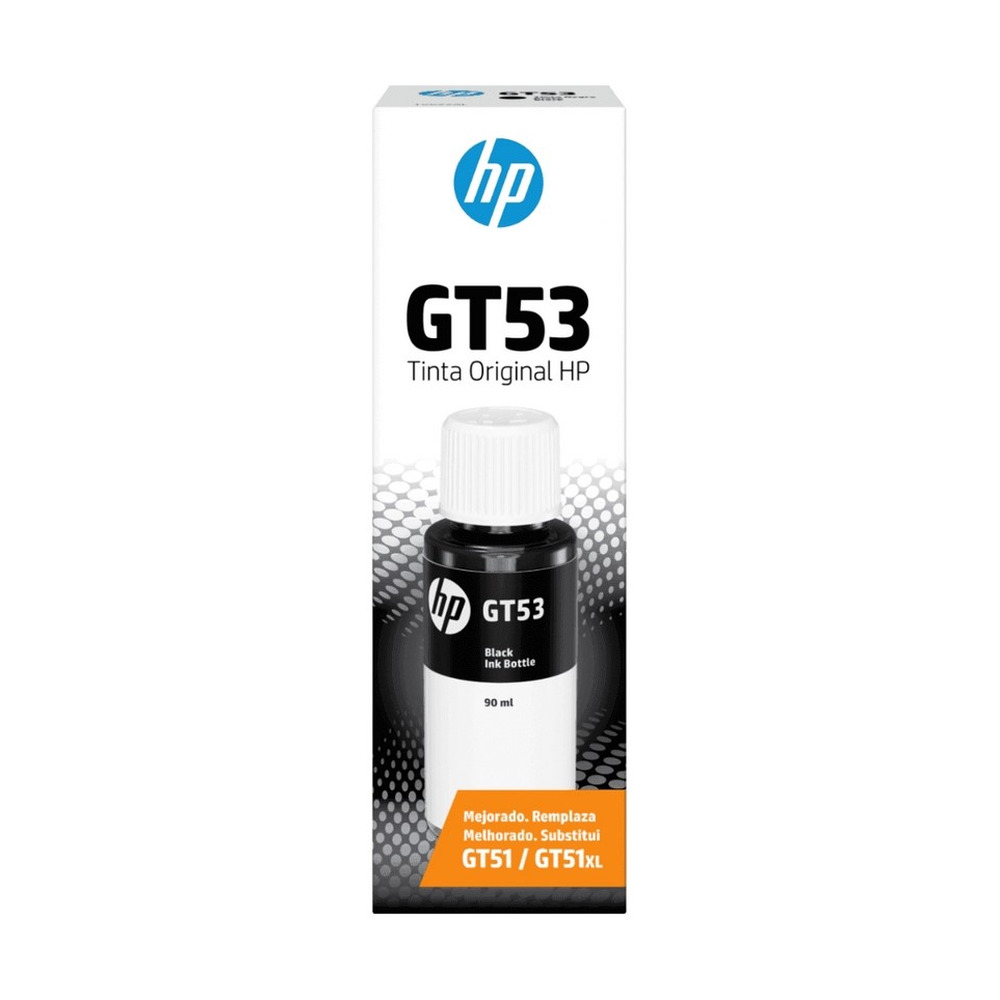Cartucho de tinta negra HP GT53 90 ml modelo 1VV22AL en su empaque original para impresoras HP