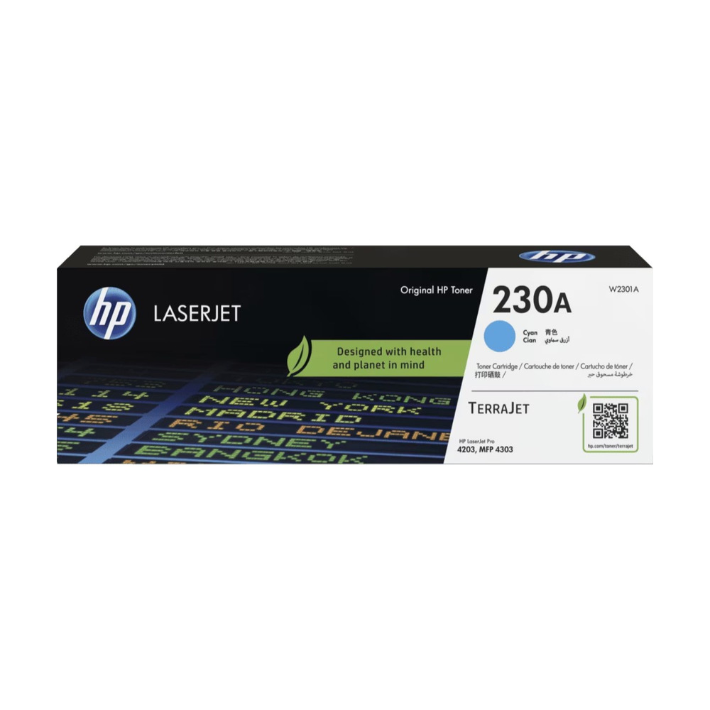 Caja del cartucho de tóner HP 230A modelo W2301A color cian para impresoras LaserJet 4203 y MFP 4303