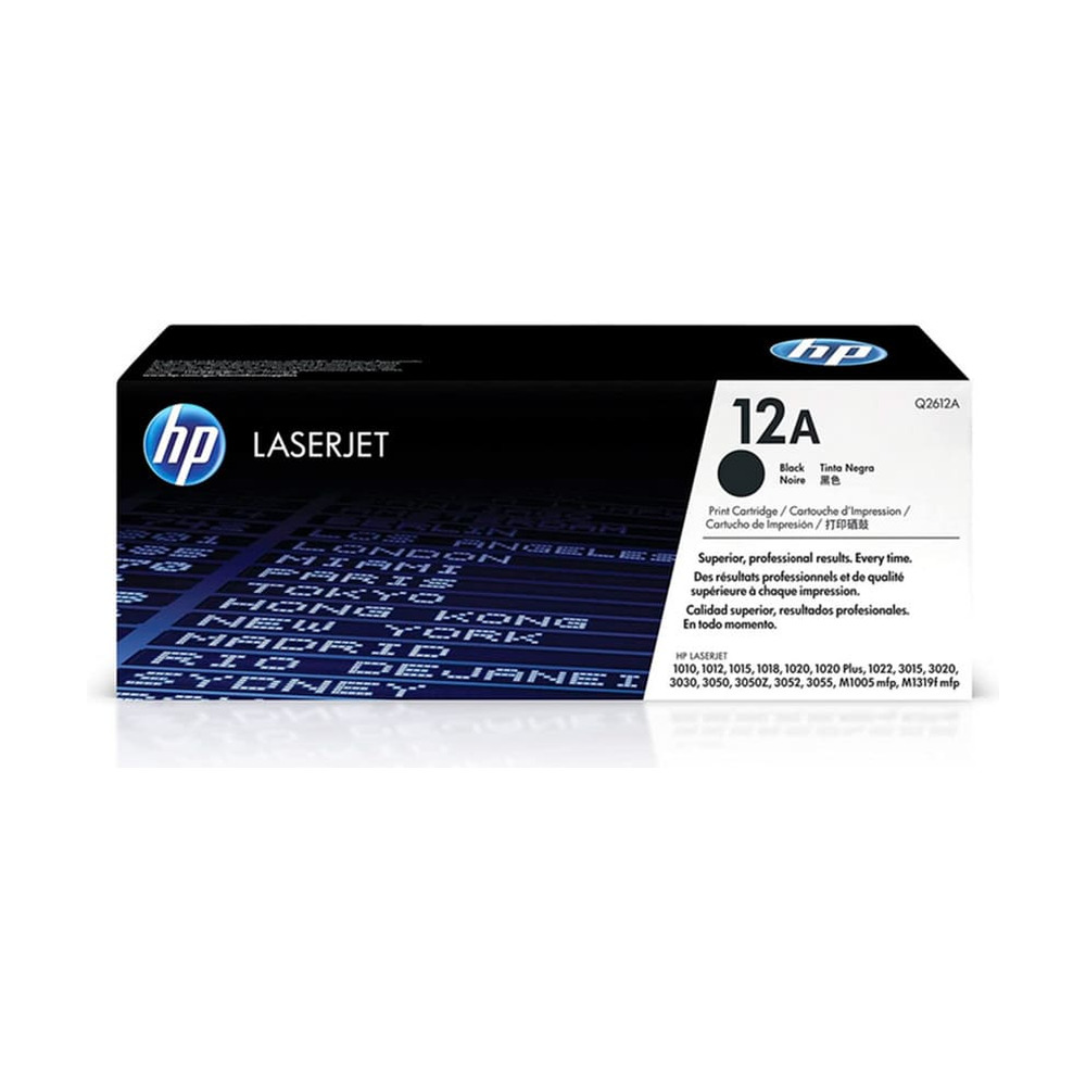 Caja del cartucho de tóner HP Q2612A negro 12A para impresoras LaserJet con detalles de compatibilidad y marca HP