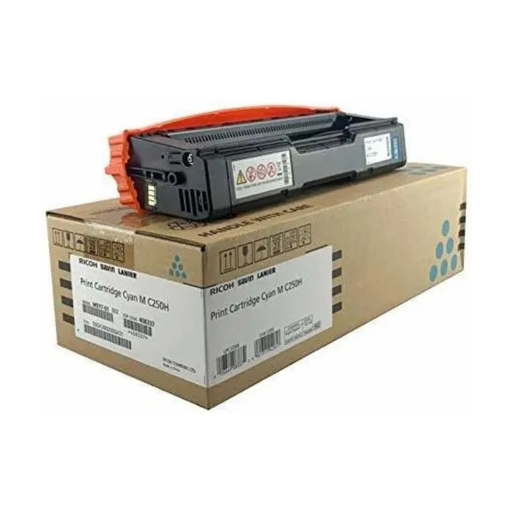 Cartucho de tóner Ricoh M C250H color cian modelo 408337 sobre su caja original para impresoras Ricoh