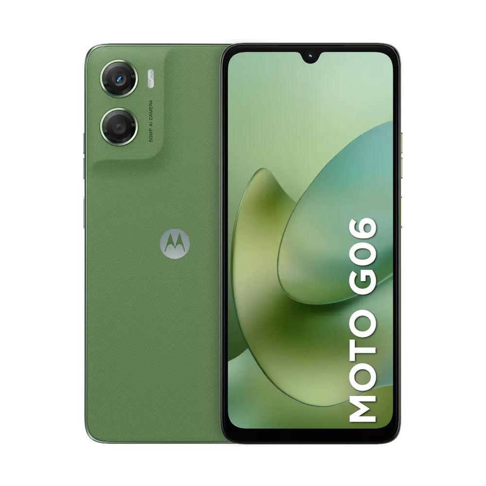 Celular Motorola G06 modelo PB970051CO_C color verde con 128GB de almacenamiento y 4GB de RAM mostrando vista frontal y trasera
