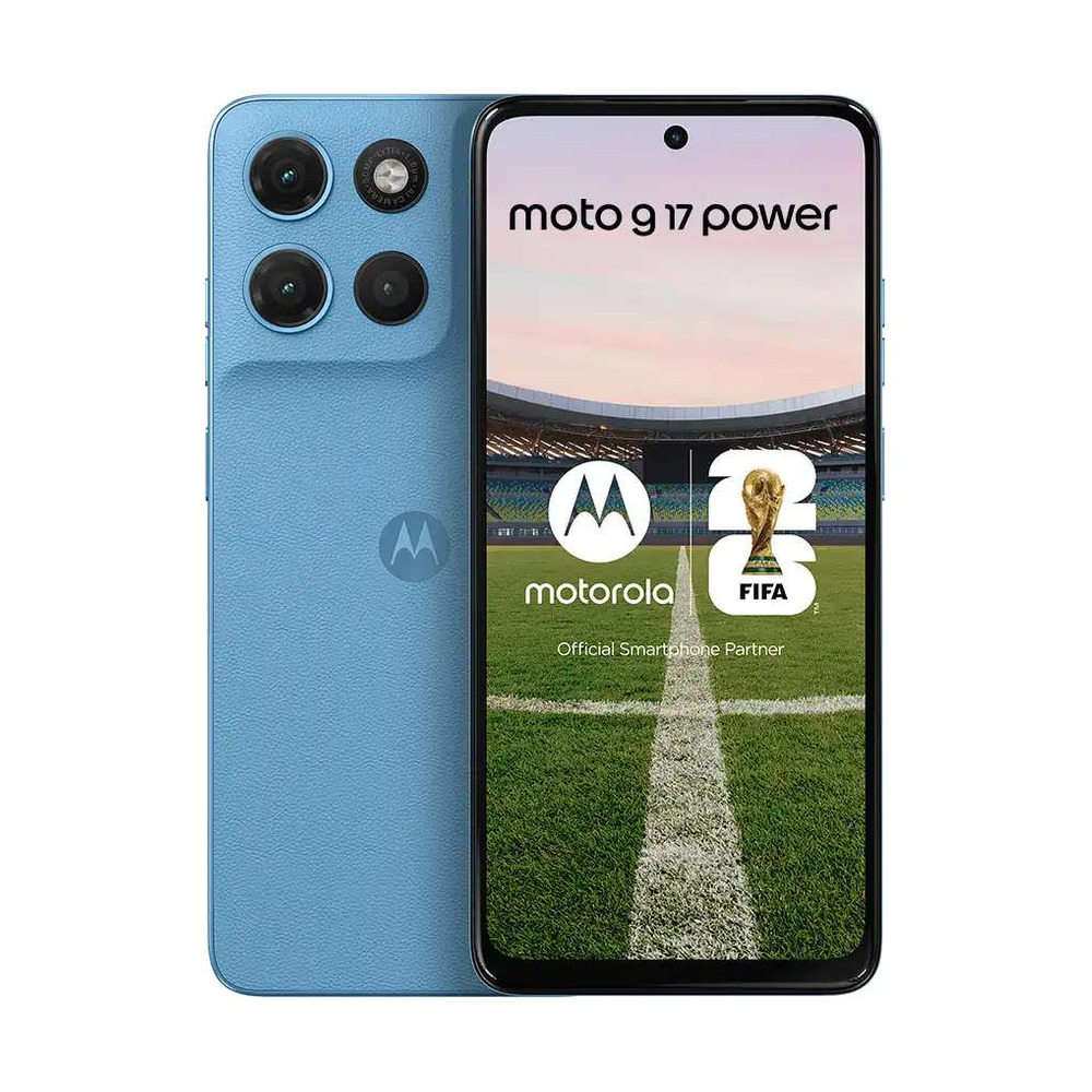 Celular Motorola Moto G17 Power azul celeste con pantalla encendida y vista frontal y trasera mostrando cámara triple y diseño texturizado