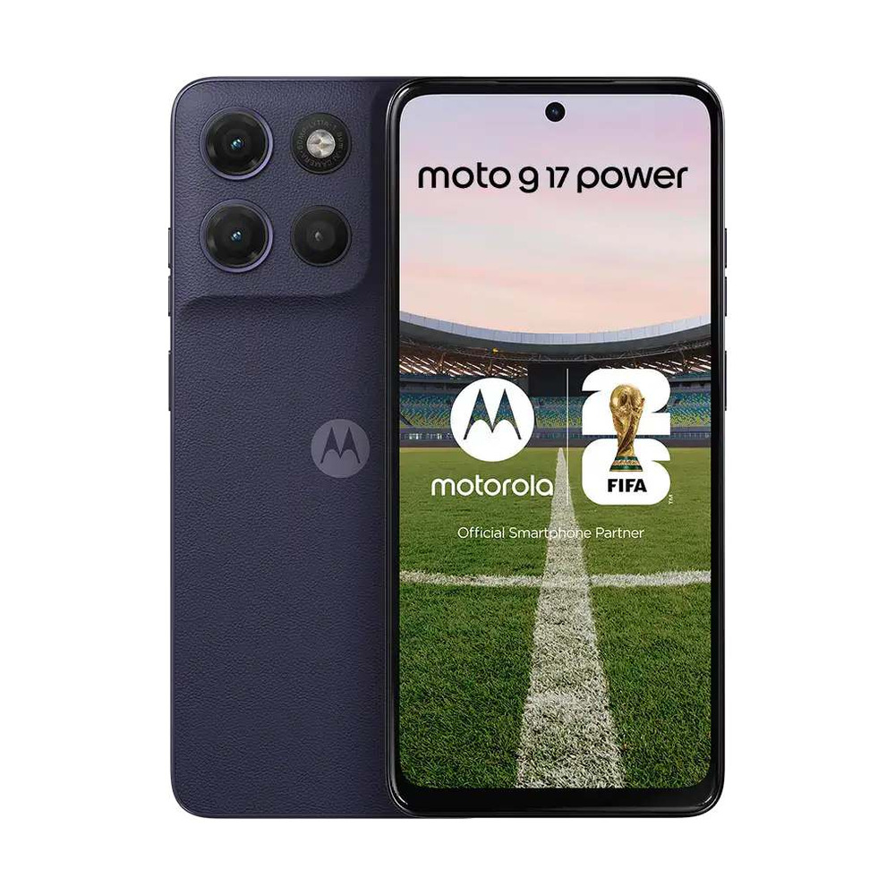 Celular Motorola Moto G17 Power modelo PBBN0011CO_C color azul arándano con pantalla frontal encendida y cámara trasera visible