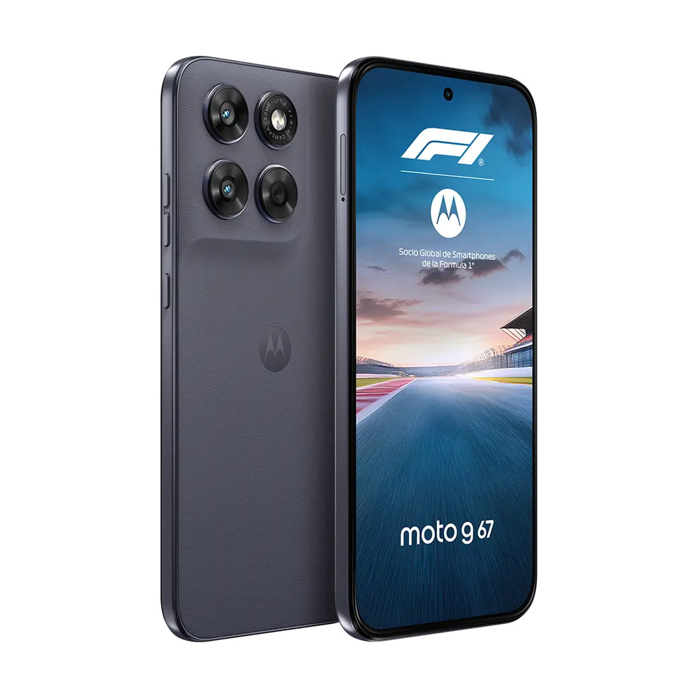 Celular Motorola Moto G67 4GB 256GB 5G en color gris mostrando vista frontal con pantalla encendida y lateral con cámaras traseras