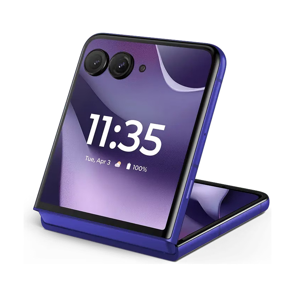 Celular Motorola Moto Razr 70 Ultra en color azul morado con pantalla flexible y doble cámara en vista frontal y lateral