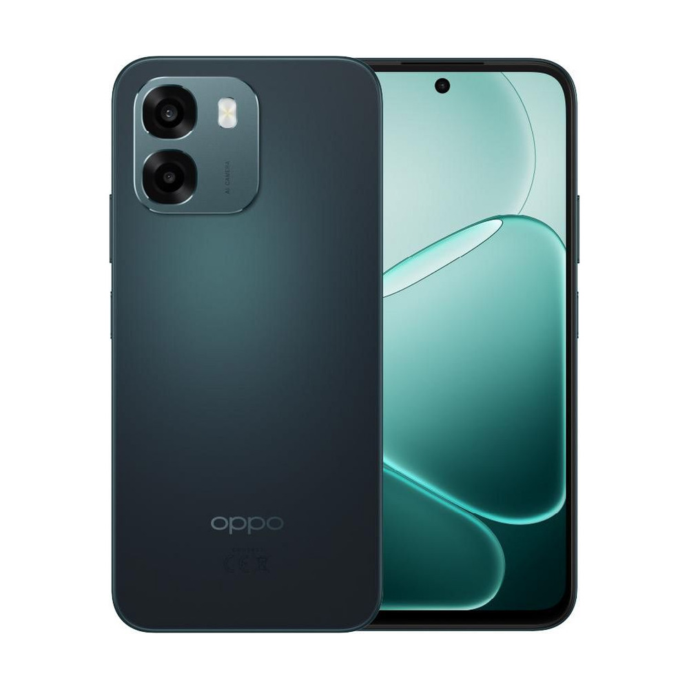 Celular Oppo A6 5G color zafiro con 4GB de RAM y 256GB de almacenamiento mostrando vista frontal y trasera con cámara doble