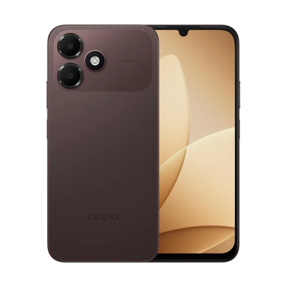 Celular OPPO A6c modelo CPH2895 color marrón Latus con 64GB de almacenamiento y 4GB de RAM mostrando vista frontal y trasera con cámara doble