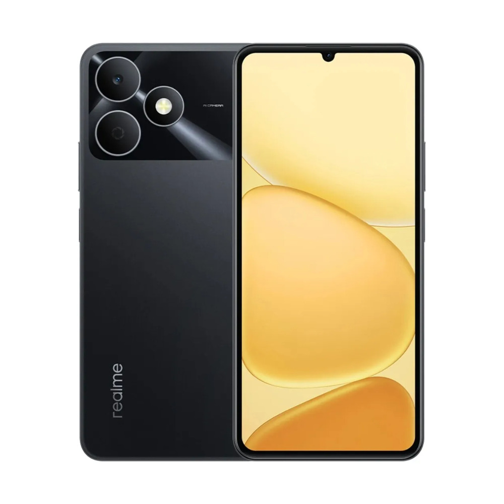 Celular Realme Note 80 modelo RMX5388 en color negro mostrando vista frontal con pantalla encendida y parte trasera con cámaras visibles