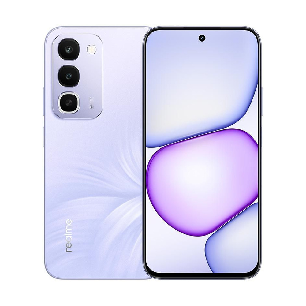 Celular Realme RMX5353 Victory Purple con 8GB de RAM y 256GB de almacenamiento mostrando vista frontal y trasera con cámara triple y pantalla completa