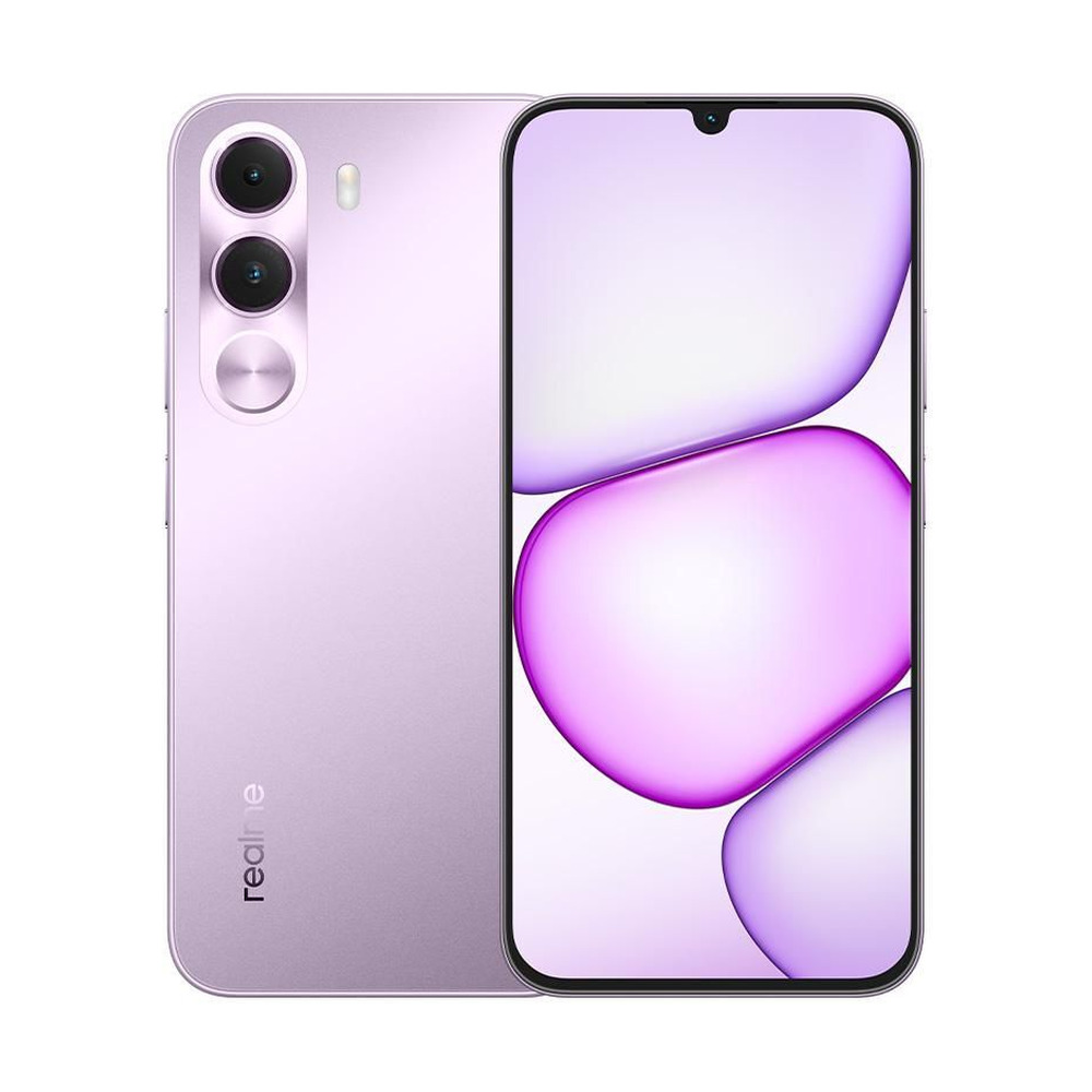 Celular Realme RMX5377 C100i color morado con pantalla de 6.8 pulgadas y cámara dual visto de frente y atrás