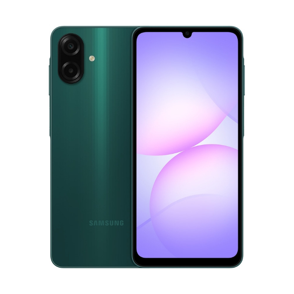 Celular Samsung Galaxy A07 modelo SM-A075MZGHLTC color verde con pantalla encendida y vista frontal y trasera mostrando cámara dual