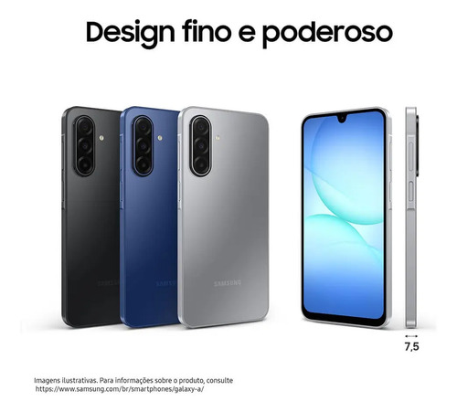 Samsung Galaxy A17 5G en colores negro, azul y gris con diseño fino y poderoso desde varios ángulos