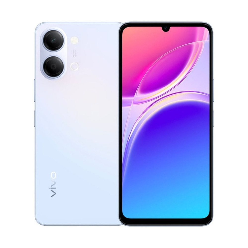 Celular Vivo Y05 modelo V2556 en color azul amanecer mostrando su pantalla encendida y la parte trasera con doble cámara