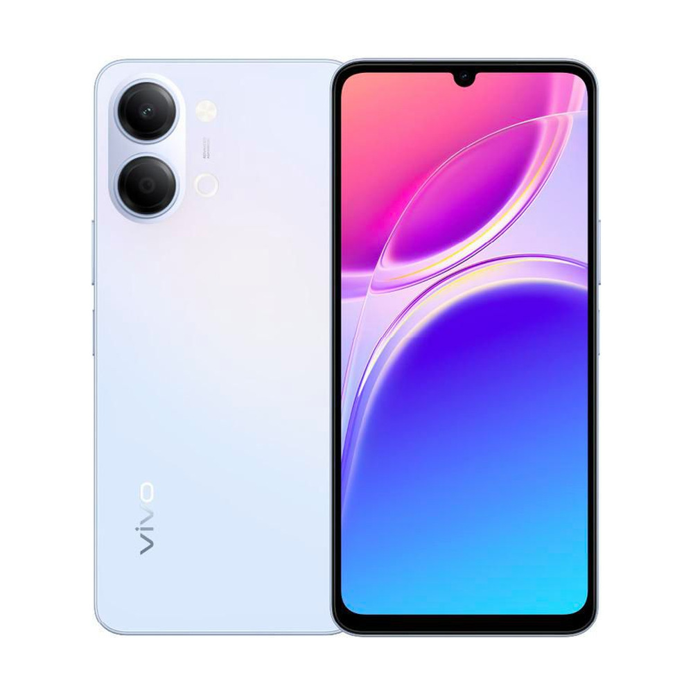 Celular Vivo Y05 modelo V2556 color azul amanecer con 4GB de RAM y 64GB de almacenamiento mostrando vista frontal y trasera