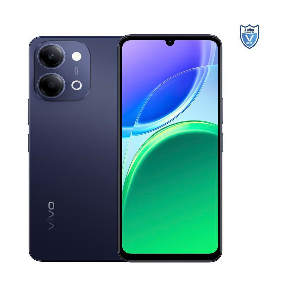 Celular Vivo Y11D modelo V25555 en color negro naval mostrando vista frontal con pantalla encendida y parte trasera con cámara doble