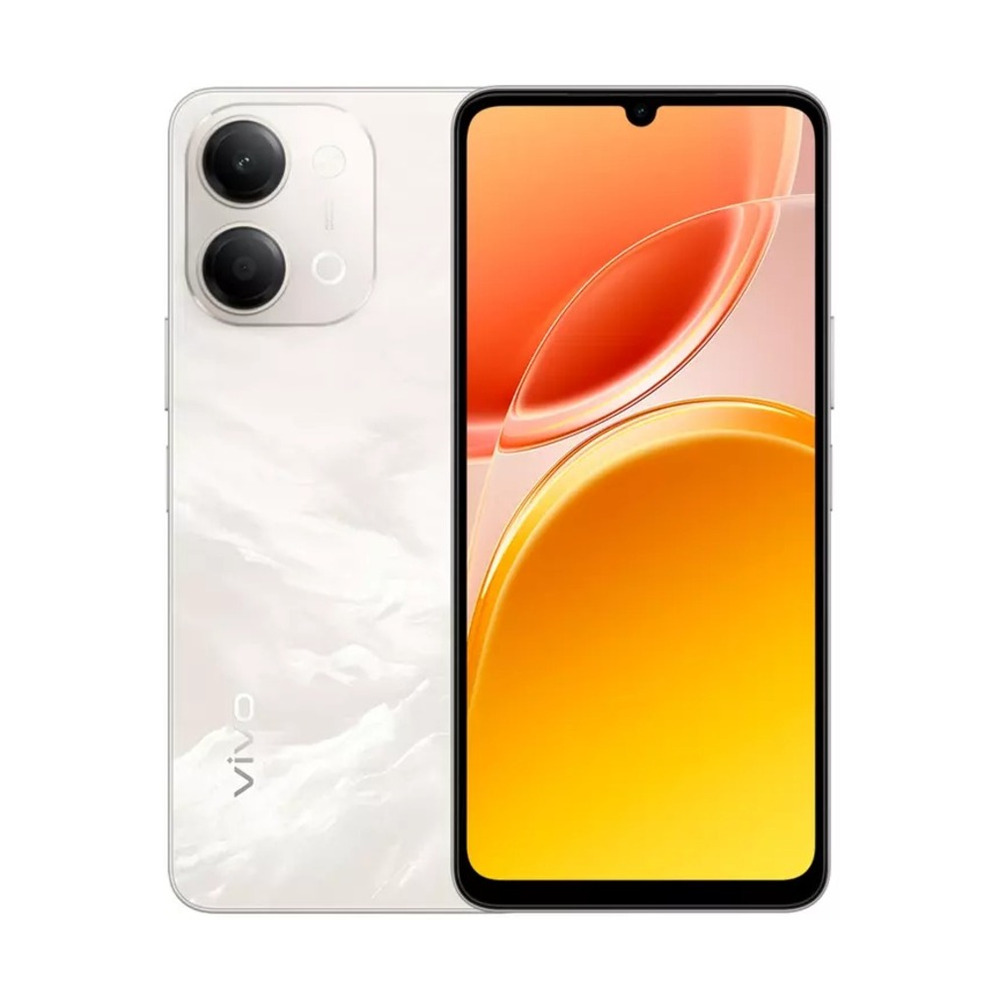 Celular Vivo Y11D modelo V25555 color plateado con 4GB de RAM y 256GB de almacenamiento mostrando vista frontal y trasera con cámara doble