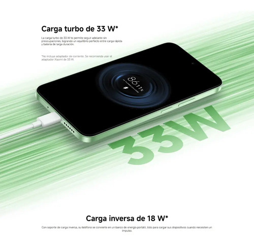 Xiaomi Redmi 15 Dual Sim mostrando carga turbo de 33W y carga inversa de 18W para una batería eficiente y duradera