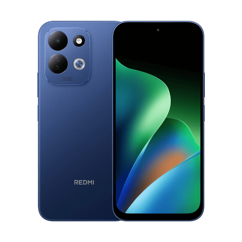 Celular Xiaomi Redmi 17 color azul oscuro con 4GB de RAM y 128GB de almacenamiento mostrando vista frontal y trasera con cámara de 50MP