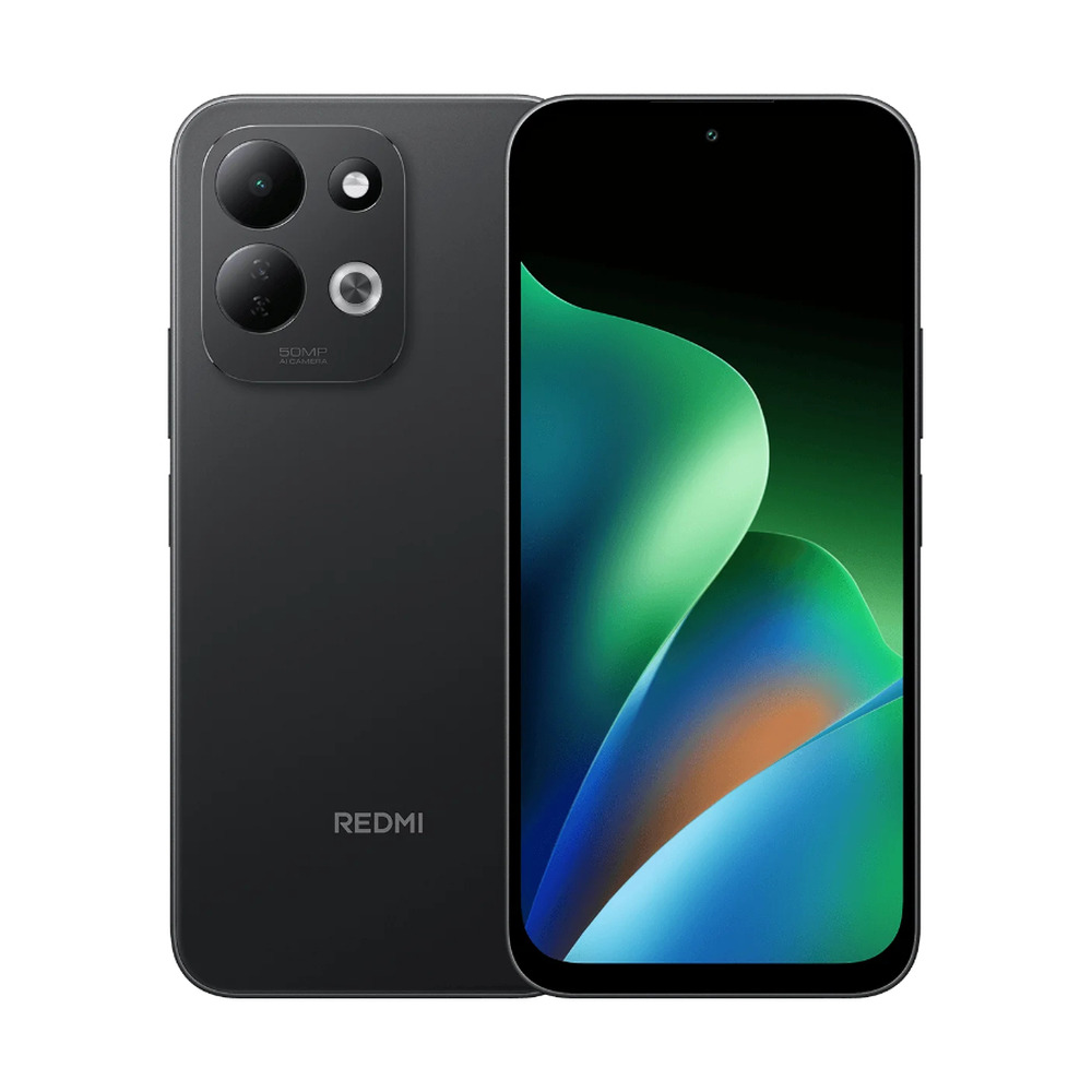 Celular Xiaomi Redmi 17 Black con 4GB de RAM y 256GB de almacenamiento mostrando vista frontal y trasera con cámara de 50MP