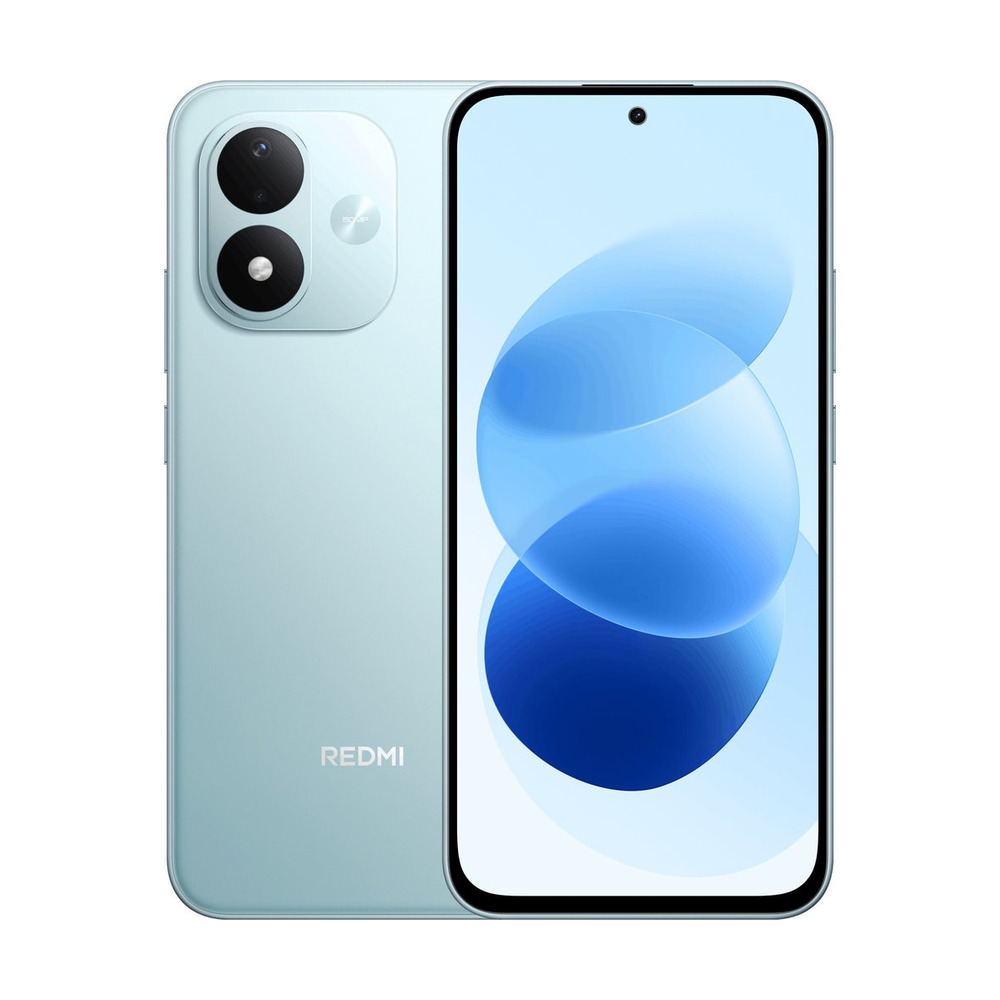 Celular Xiaomi Redmi Note 17 color Sky Teal con 4GB de RAM y 128GB de almacenamiento mostrando pantalla frontal y parte trasera con cámara dual de 50MP
