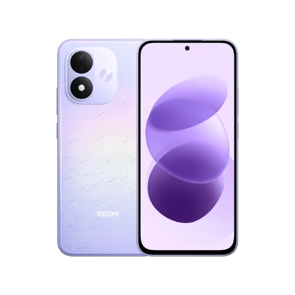 Celular Xiaomi Redmi Note 17 5G color morado celestial mostrando vista frontal con pantalla encendida y trasera con cámaras duales