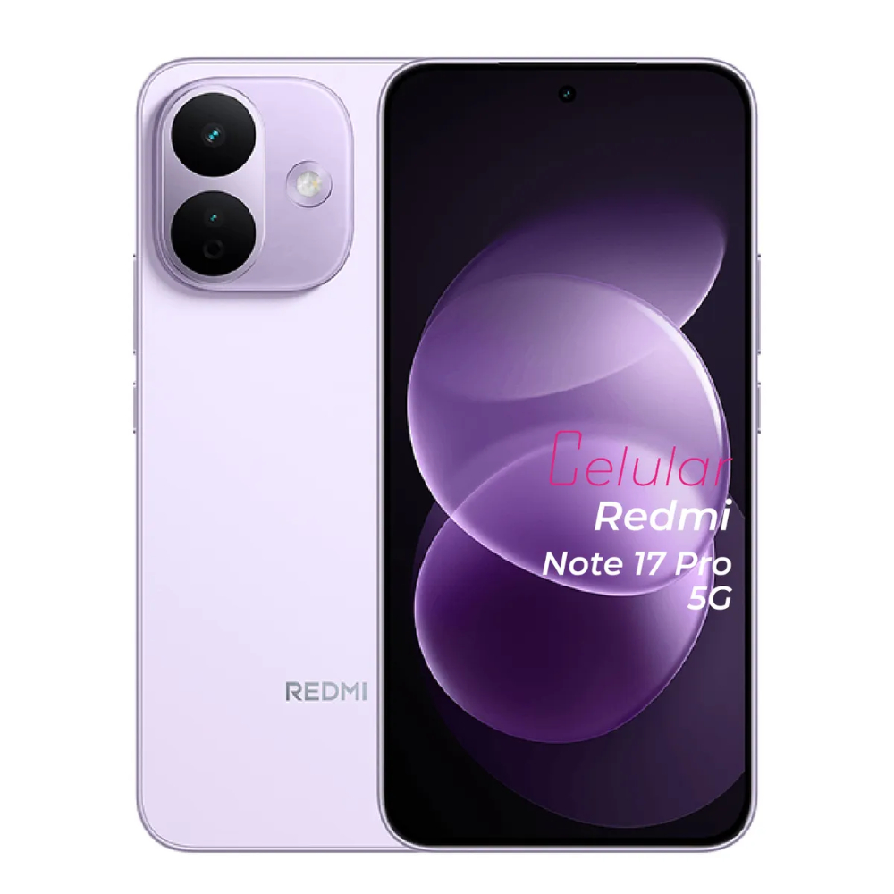 Celular Xiaomi Redmi Note 17 Pro 5G color morado con 6GB RAM y 128GB almacenamiento mostrando vista frontal y trasera
