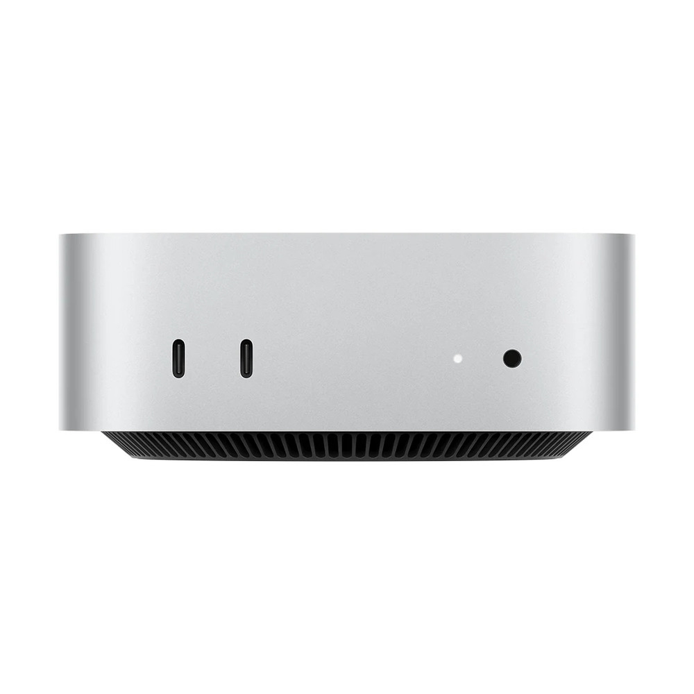 Vista frontal del Apple Mac mini M4 Pro con 24GB RAM y 512GB SSD mostrando puertos USB-C y conector de audio