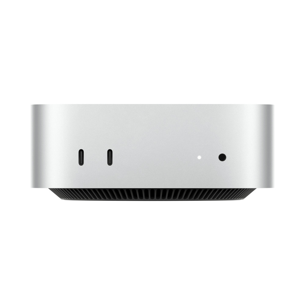Vista frontal del computador de escritorio Apple Mac mini modelo MHQM4LZ/A con 24GB de RAM y 512GB SSD mostrando puertos USB-C y conector de audio
