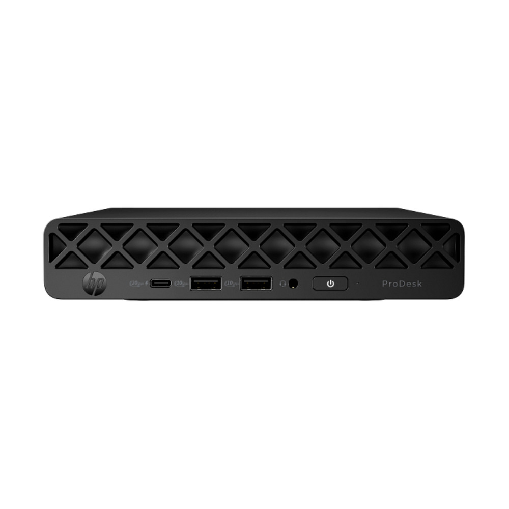 Computador de escritorio HP ProDesk 4 Mini G1i modelo DE3U7LA con puertos USB tipo A y C, botón de encendido y entrada de audio frontal