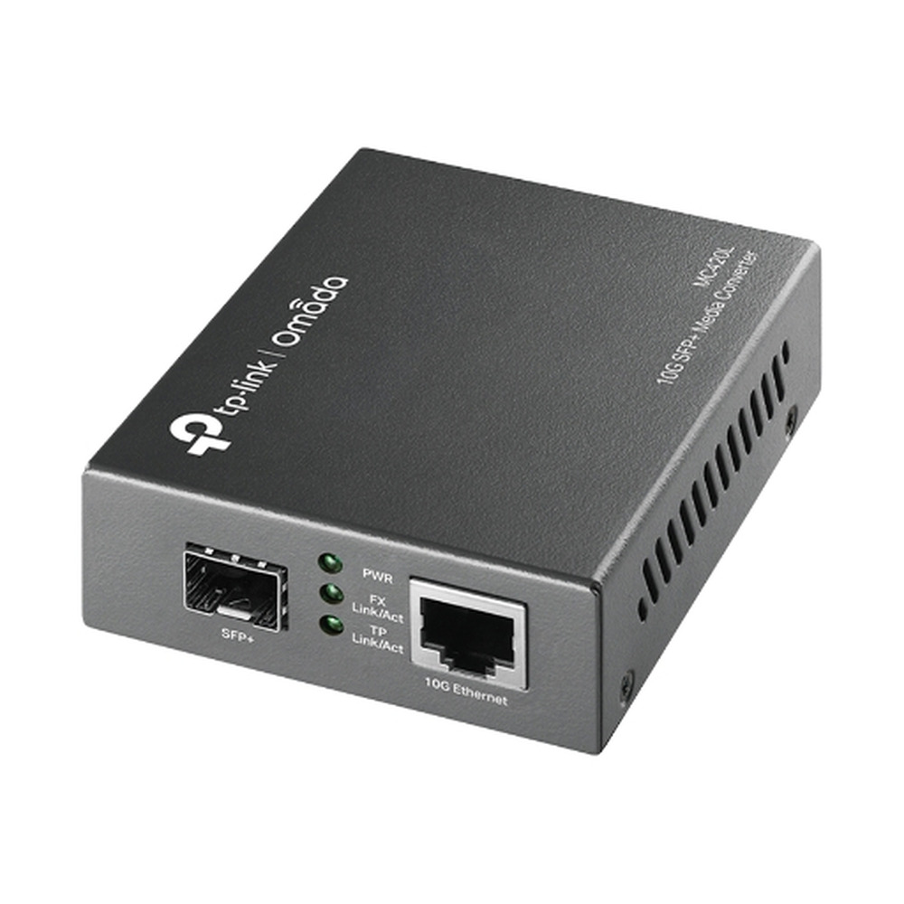 Convertidor Tplink Omada modelo MC420L con puerto RJ45 multi gigabit y puerto SFP 10G mostrado de frente