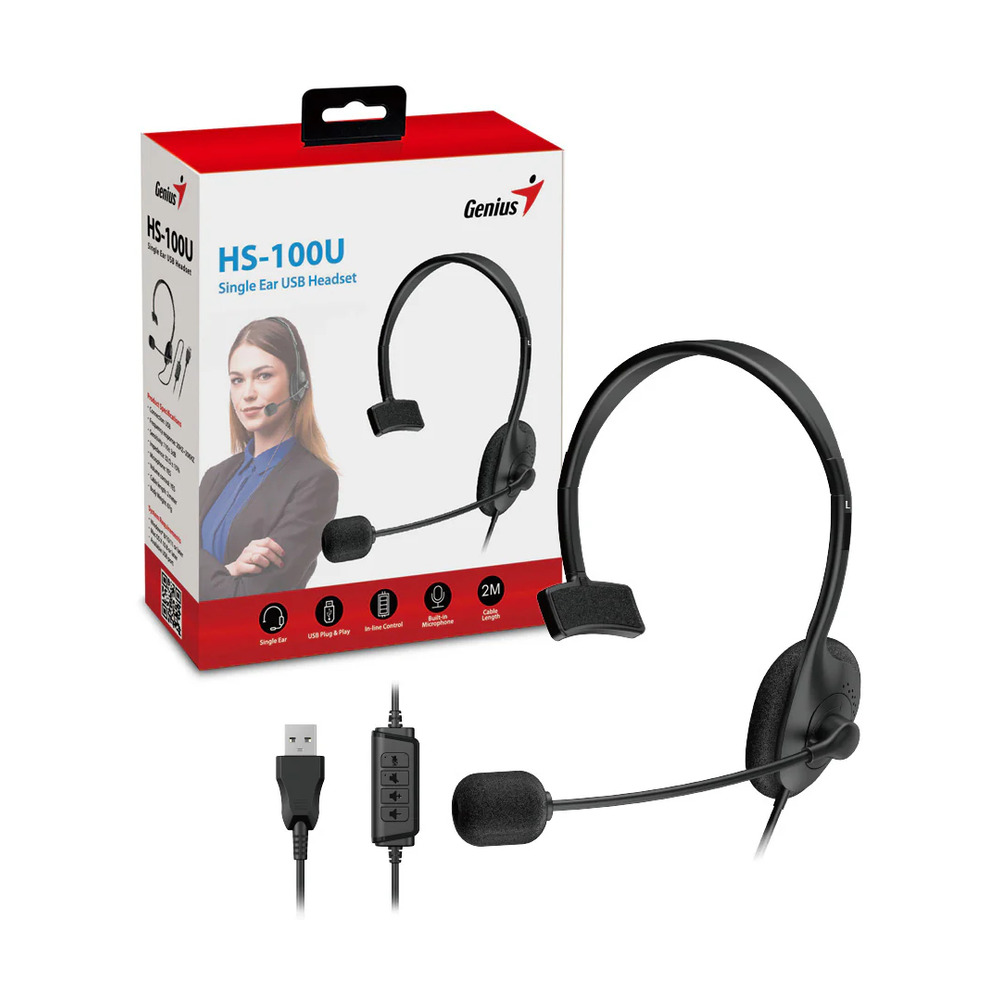 Diadema monoaural Genius HS-100U para PC con conexión USB, micrófono ajustable y control de audio en cable