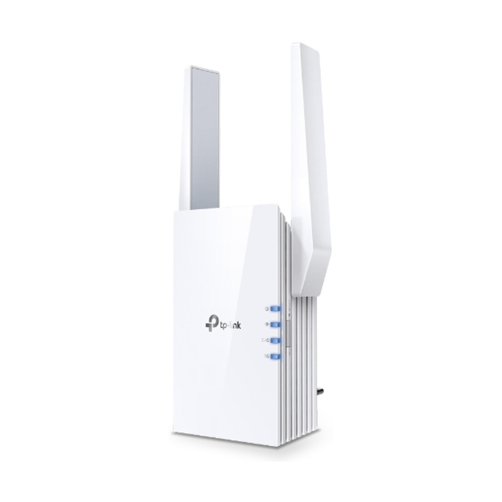 Extensor de red Wi-Fi 6 Mesh TP-Link modelo RE605X con diseño blanco y dos antenas visibles en vista frontal